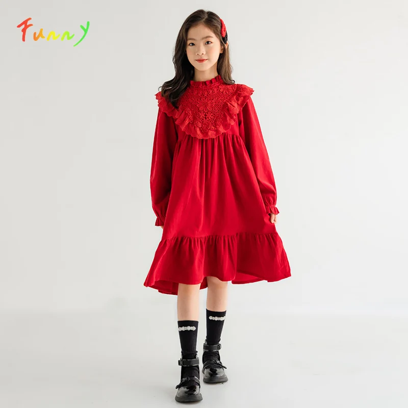 

Spring Autumn Teenager Kids Dress Solid Knee Length Lace Patchwork Princess Dress for Girls Long Sleeve Robe Enfant Fille 6-16T