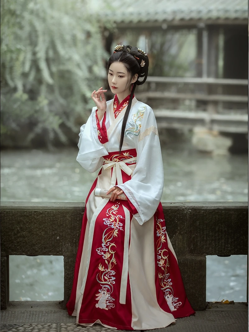 

Ancient Chinese Red Wei-Jin Period Style HanFu Kimono Costumes Embroidery Traditional Tang Suit Cosplay Folk Dance Robe Dress