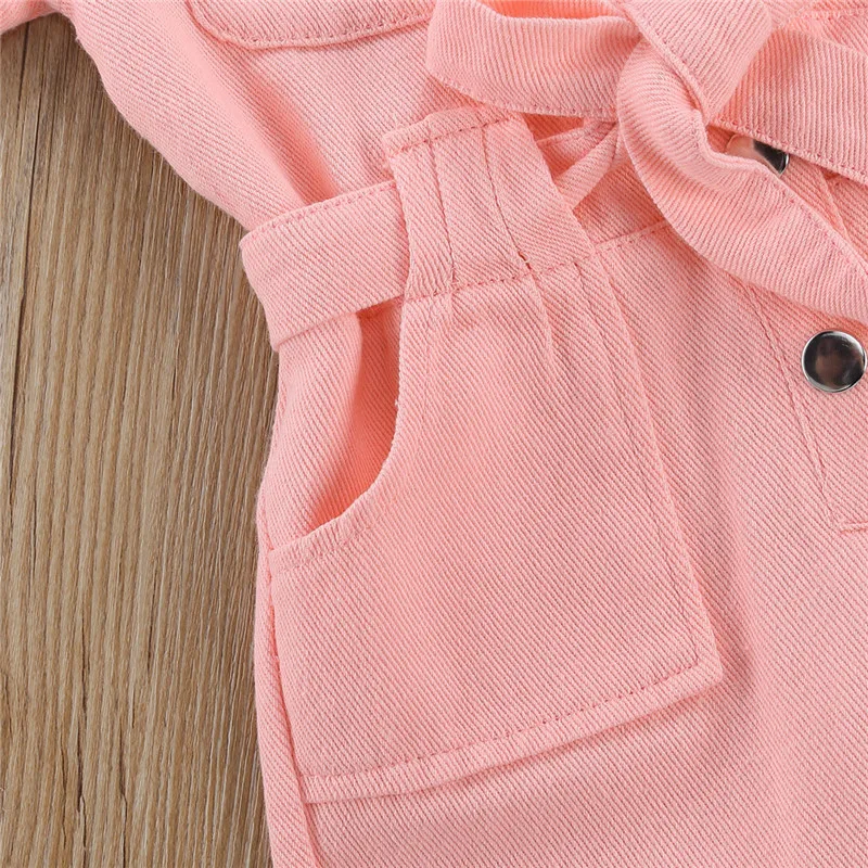 1-6Y Kids Baby Girls Denim Jumpsuit Work Clothes One Piece Toddler Turndown Collar Pocket Short Sleeve Romper for Children