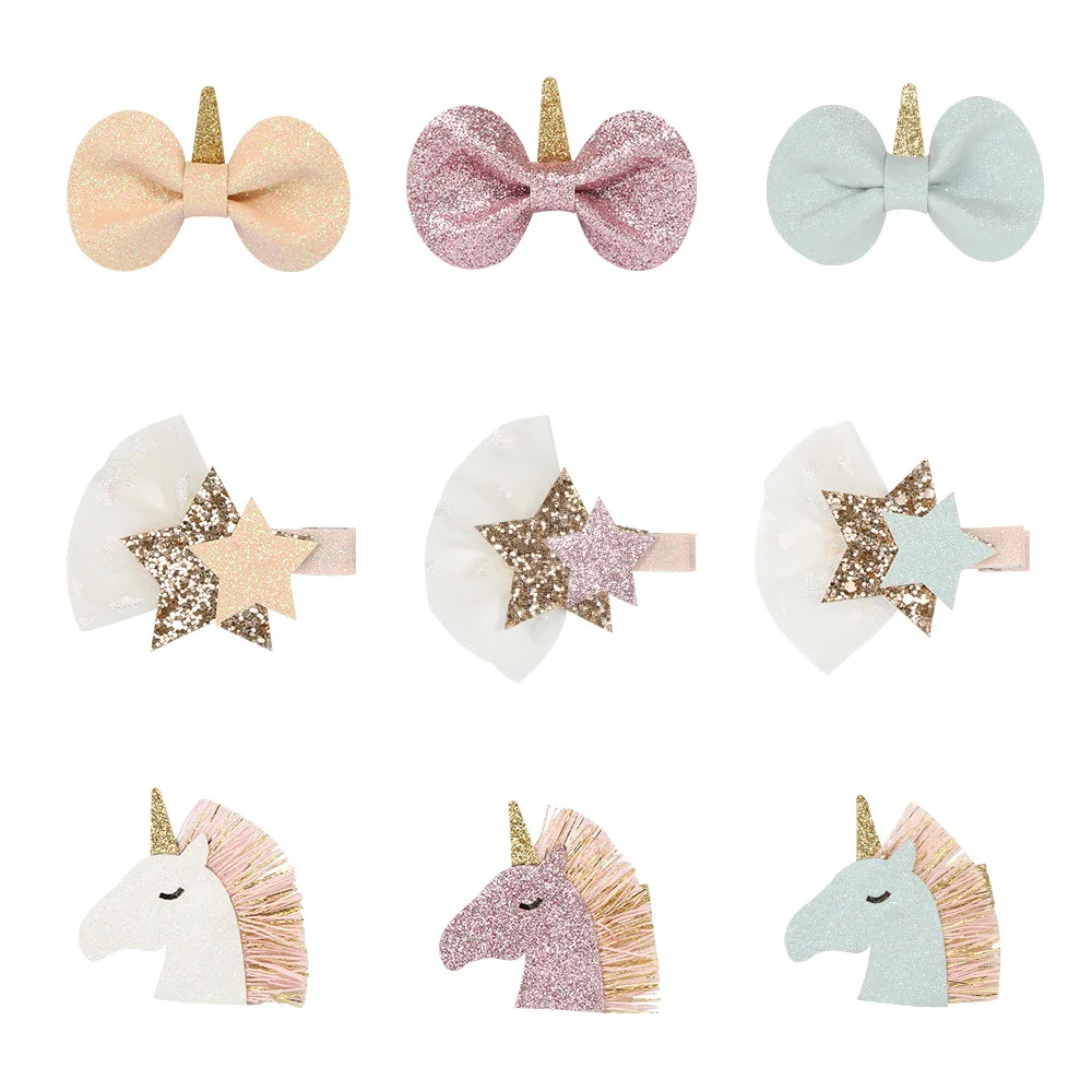 Boutique 15pcs Fashion Cute Tassels Unicorn Hairpins Glitter Star Bow Horse Hair Clips Princess Headwear Hair Accessories