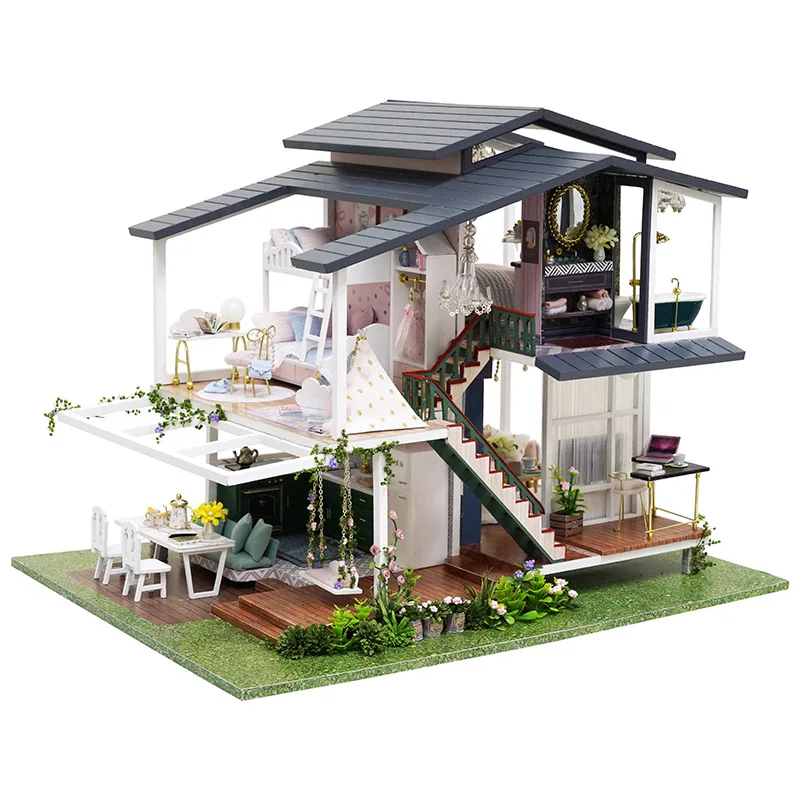 New DIY Big Monet Garden Doll House Wooden Model Miniature Building Furniture Miniature Action Figure 3D Manual Toy For Children