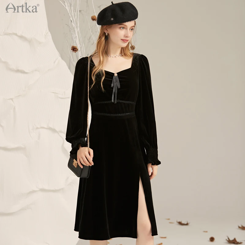 ARTKA 2021 Early Autumn New Women Midi Dress French Vintage Square Collar Velvet Dresses Side Split Black Evening Dress LA25013D