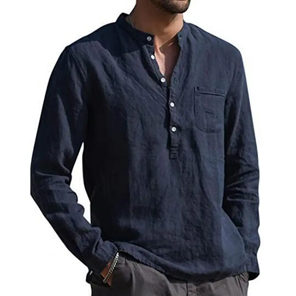 2021 Men Casual Shirts Solid Color V Neck Long Sleeve Shirt Simple Button Pocket Top Cotton Linen Skin-friendly Daily Wear Shirt