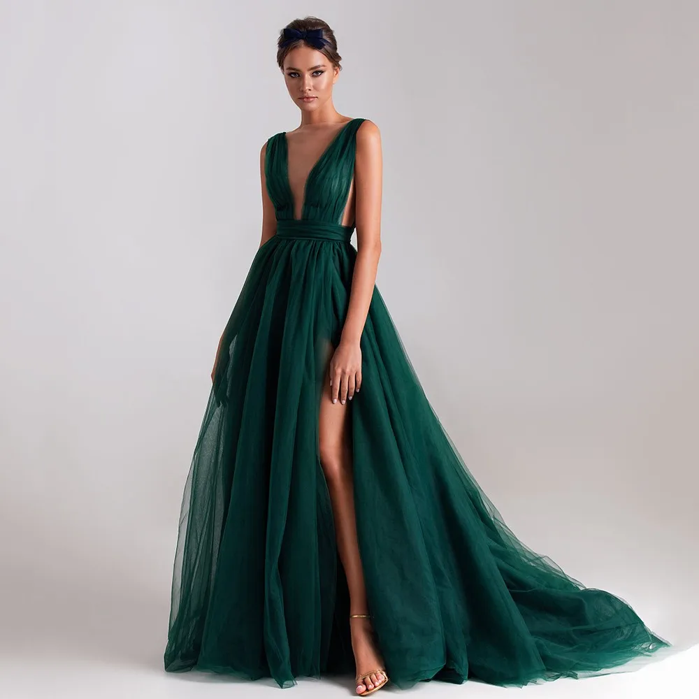 

Funyue Charming Green Deep V-Neck Prom Dresses 2023 Sexy High Slit A-Line Tulle Evening Party Gowns Sleeveless Vestidos De Gala