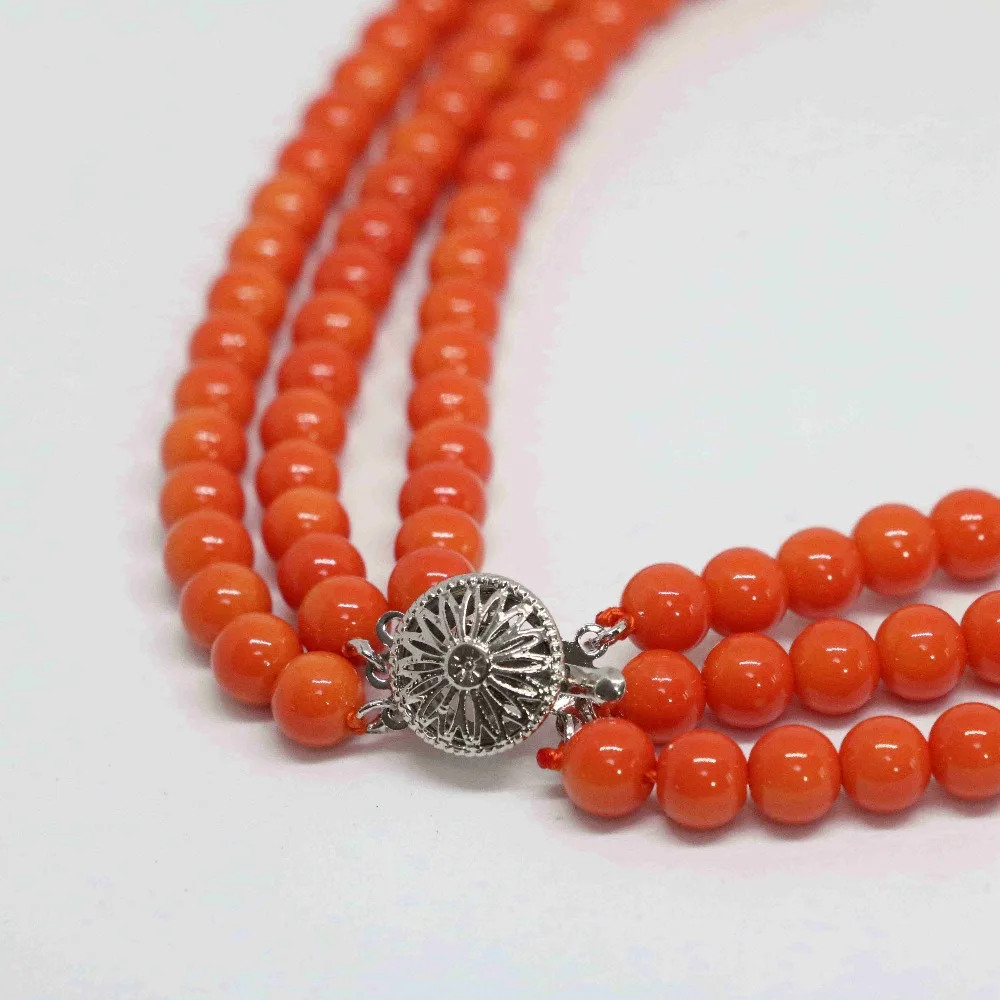 Romantic pink orange artificial coral 3 rows fashion design 6mm necklace round beads charms gift jewelry 18inch B1451