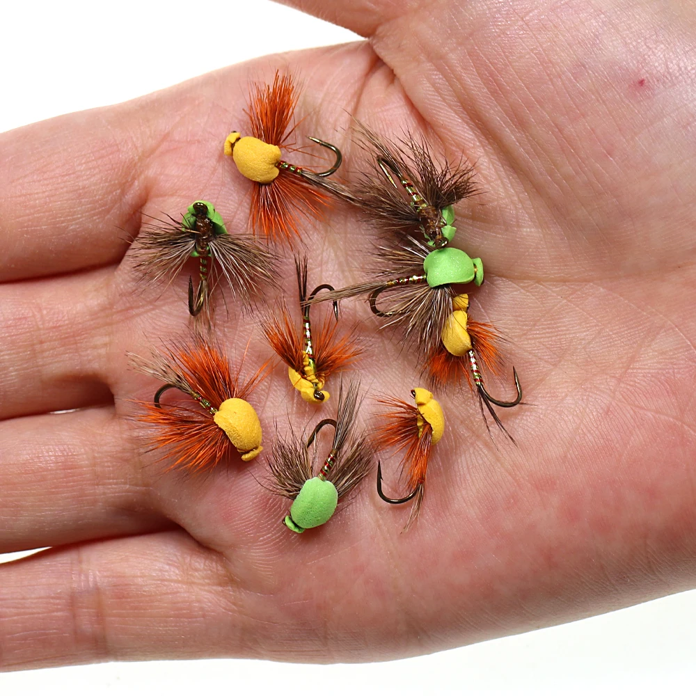 Bimoo 6PCS #12 #14 Fly Tying Natural Deer Hair Grass Foam Back Hopper Dry Flies Trout Bass Fishing Fly Floating Lure Baits Green