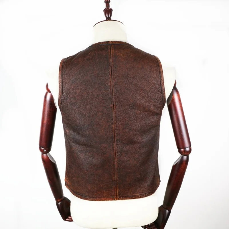 Genuine Vintage Cow Leather Vest Men Business Slim Real Leather Waistcoat Top Quality Multi-pocket Sleeveless Jackets Plus Size