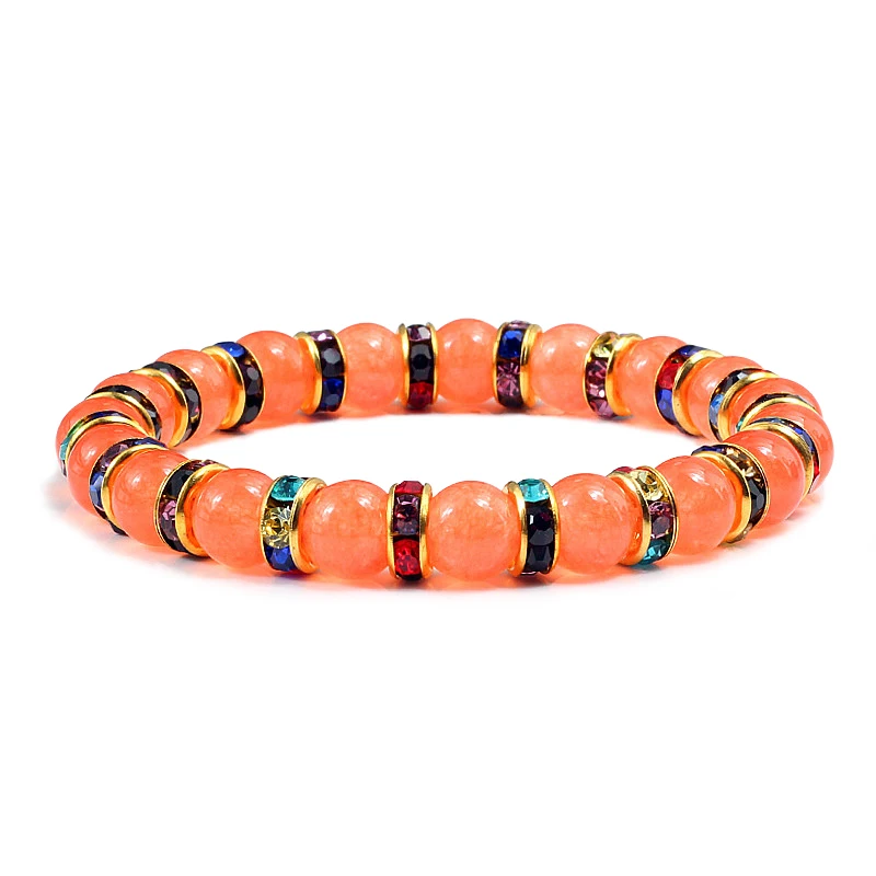 Prayer Natural Stone Bright Orange Beads Bracelet Elastic Rhinestone Rope Men Women Bracelet Bangles Yoga Handmade Jewelry Gift