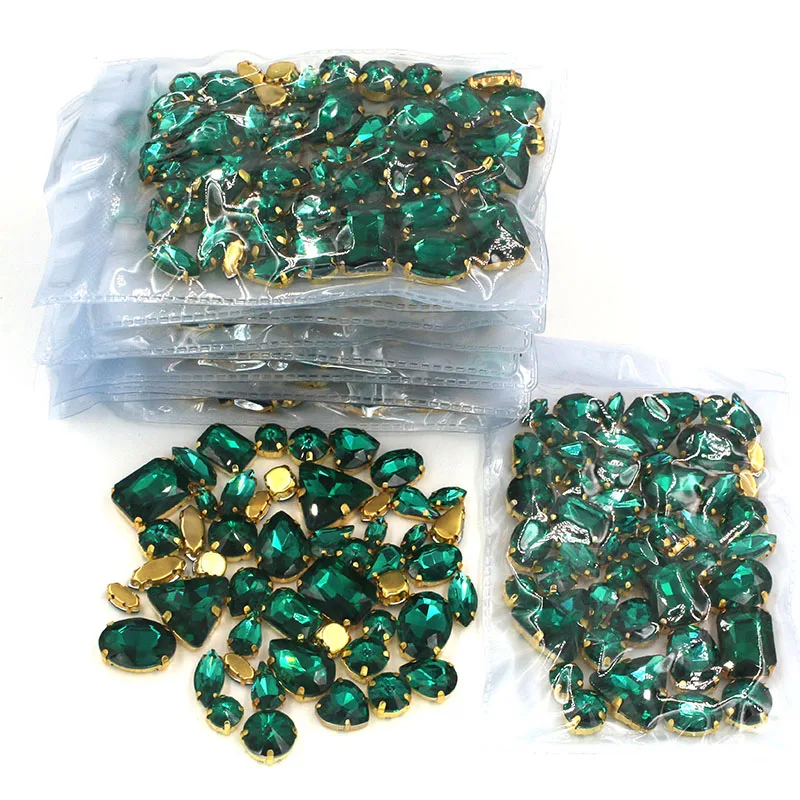 Wholesale 5 bags mixed shape sew on glass Malachite Green gold base rhinestones diy dress/Clothing accessories