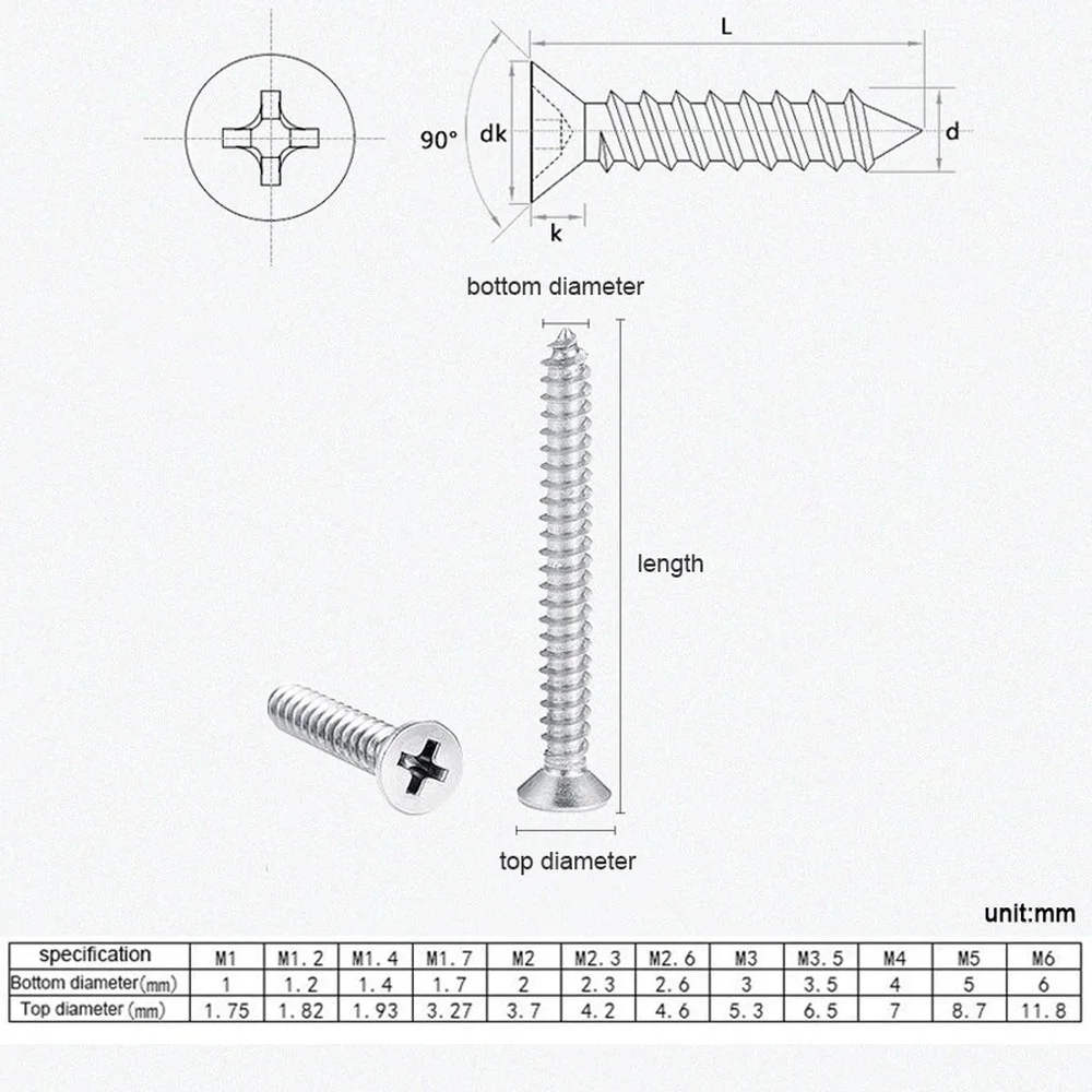 50pcs/lot Cross Recessed Countersunk Flat Head Self-tapping Screw M3 M3.5 M4 M5 M6 M8 Stainless Steel Phillips Furniture Screw