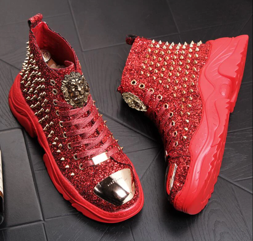 Luxury rivet Boots Men\'s shoes designer sneakers men punk high tops gold red light bottom Casual Platform shoe zapatillas hombre