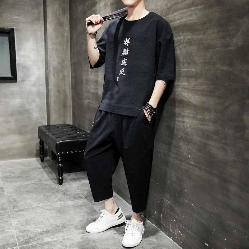 

Loose Embroidery Fit Casual Pullover Men T-Shirt Drawstring Pockets Harem Pants Jogging Plus Size Tracksuit Mens Two Piece Sets