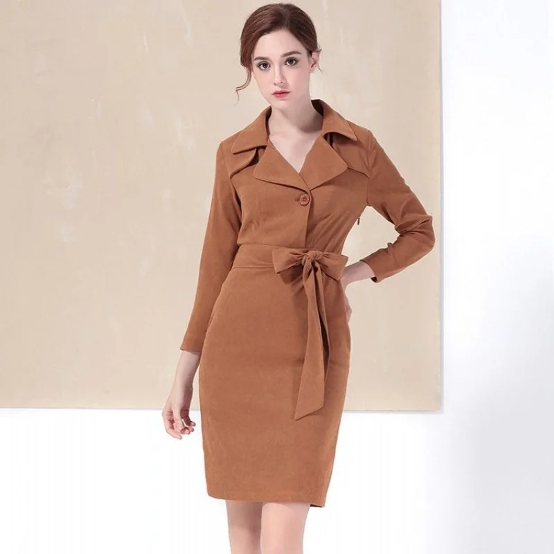 Ladies New Autumn Long Sleeve Bodycon Long Coat Women Sexy Belted Wrap Slim Fit Trench Outerwear Female Mid Business Work Coats