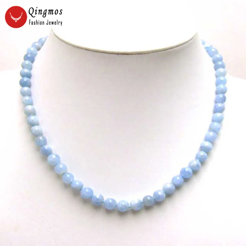 

Qingmos 6-6.5mm Round Natural Blue Aquamarines Necklace for Women with Genuine Gemstone Necklace Jewelry Chokers 17'' nec5543