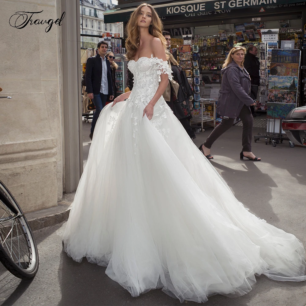 Traugel querido A Linha Vestidos De Noiva De Renda, Apliques Elegantes, Fora Do Vestido De Noiva Do Ombro, Tribunal Trem Vestidos De Noiva