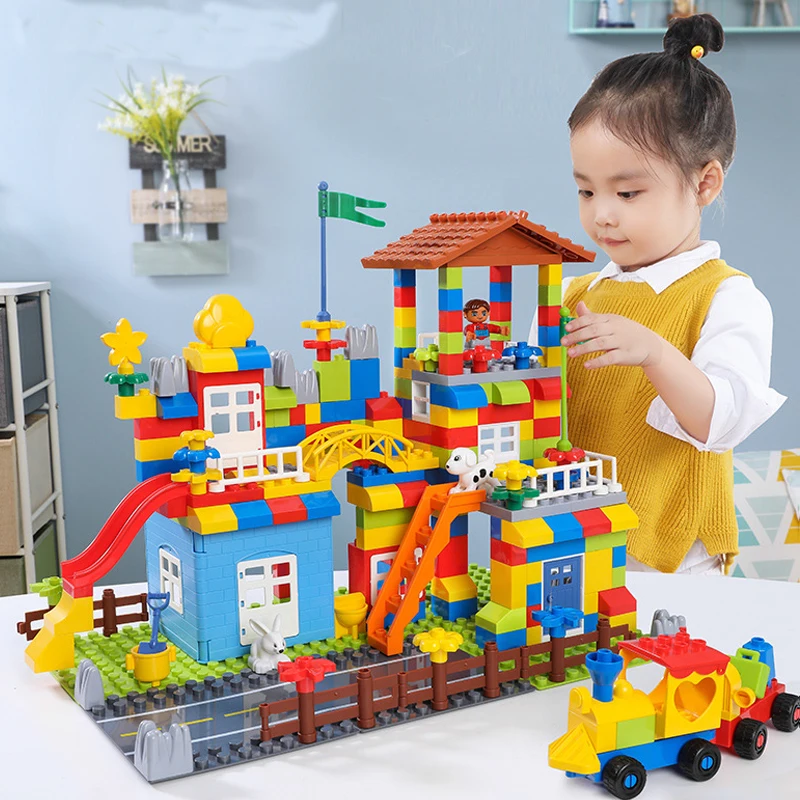 City House Roof Big Particle Building Blocks Castle Marble Race Run Slide Blocks Compatible Duploed Toys For Children