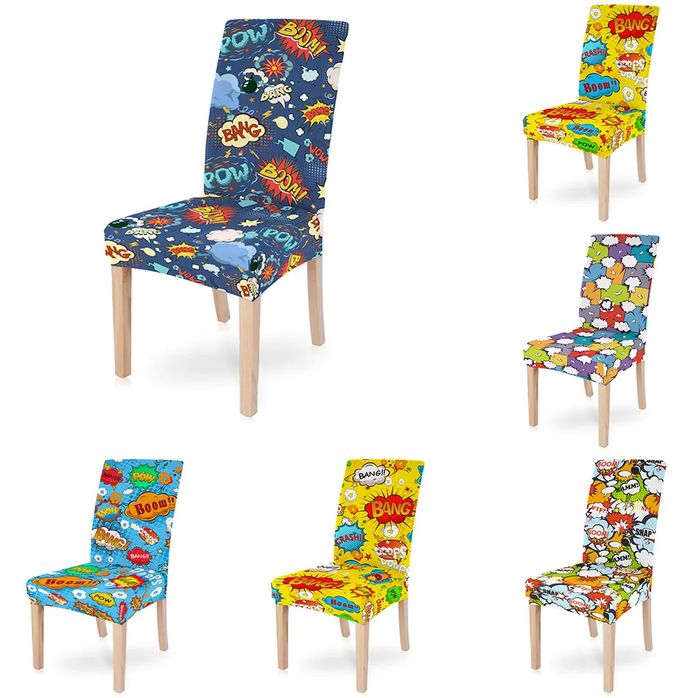 1PC Comic Dialogue Printed Chair Cover Spandex Stretch Elastic Dining Seat Covers Hotel Anti-dirty Removable Banquet Wedding