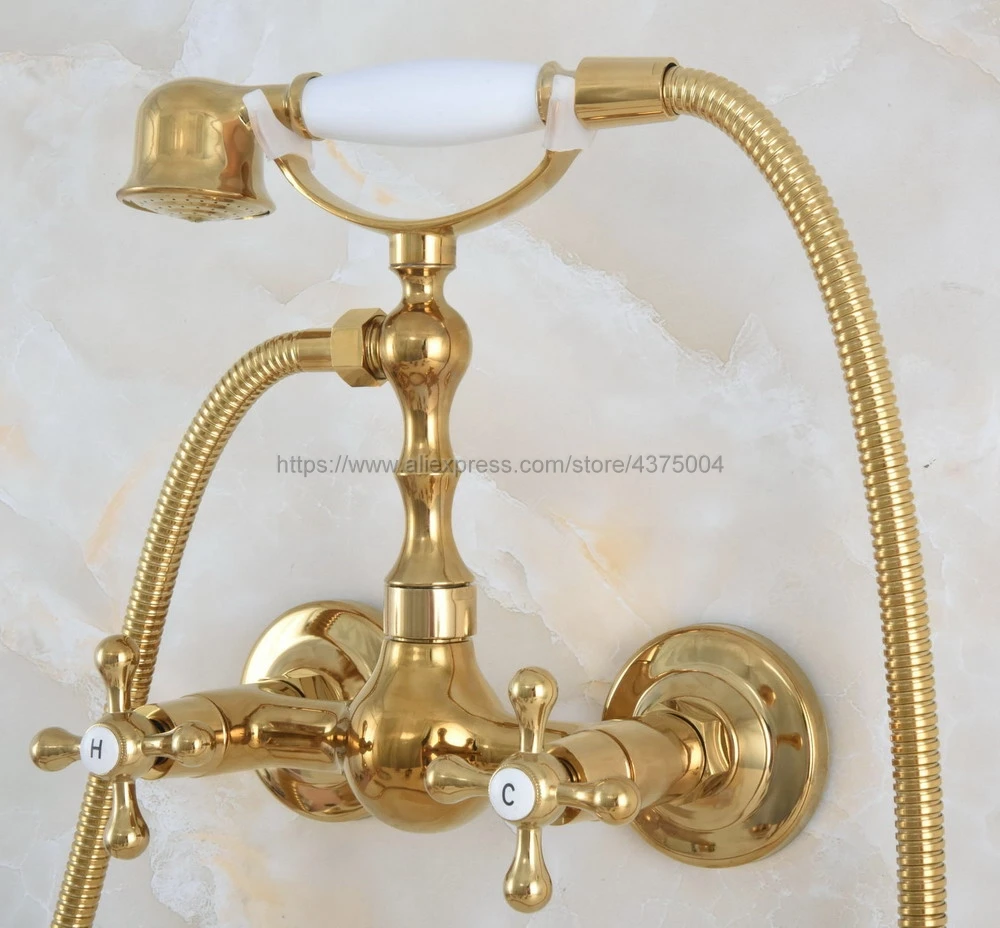 Gold Color Brass Bath Faucets Wall Mounted Bathroom Basin Mixer Tap With Hand Shower Head Bath & Shower Faucet Nna831