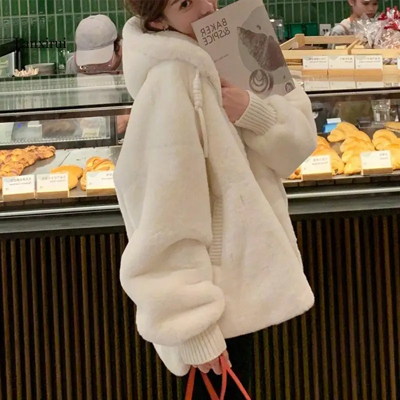 Autumn Winter Loose Hooded Plush Jacket Large Size Imitation Rabbit Fur Coat Youth Student White Zipper Plush Jacket Cardigan