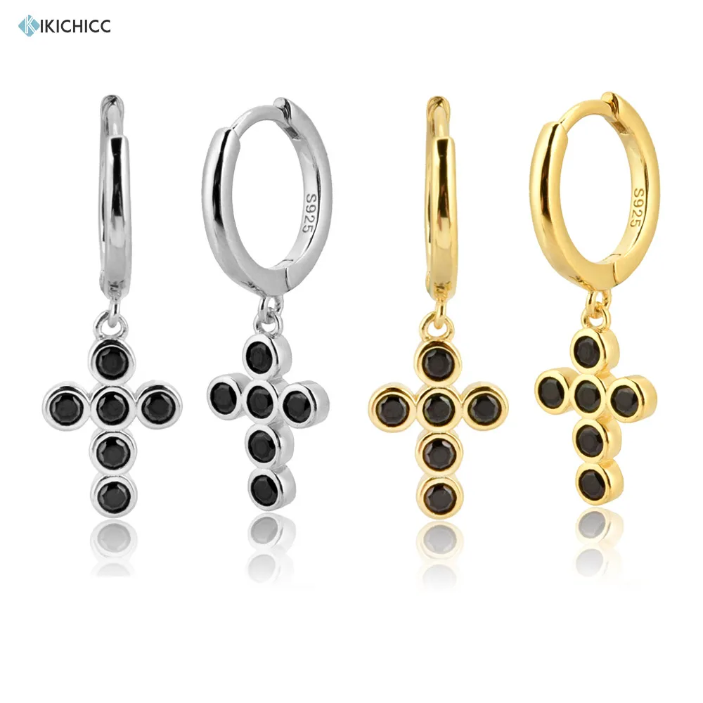 Kikichicc 925 Sterling Silver Big Cross Black Zircon Luxury Women Piercing Fashion Crystal Ohrringe Pendientes Jewels Fashion