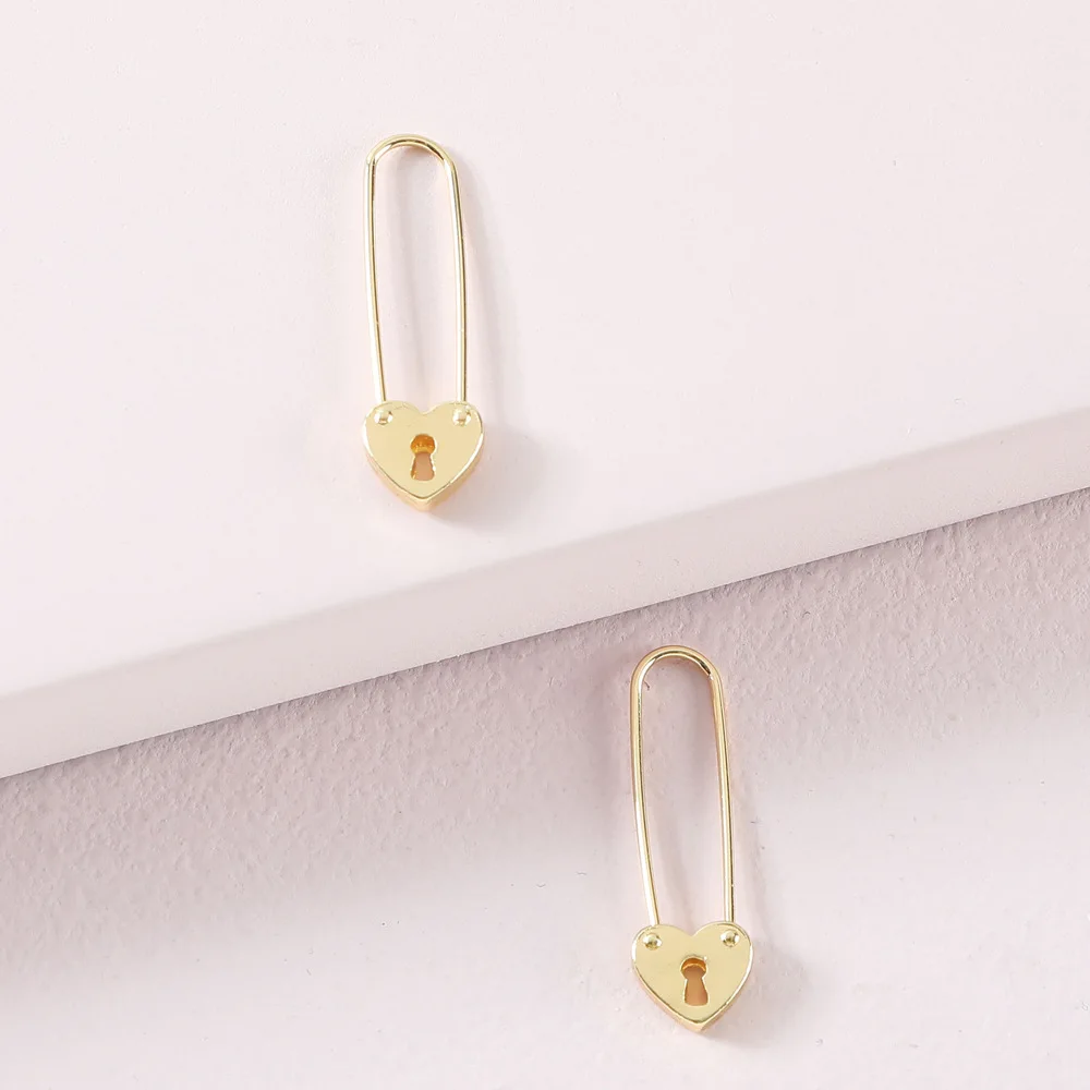 HUIDANG Trendy Women Jewelry Gold Color Heart Key Lock Shape Mini Small Hoop Earrings