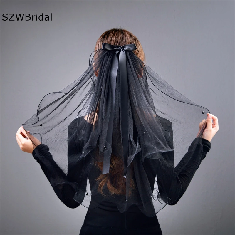 Nieuwe Collectie Twee Lagen Wedding Veils Black Veil Brides Bruiloft Accessoires Met Boog Casamento Matrimonio Bruidssluier