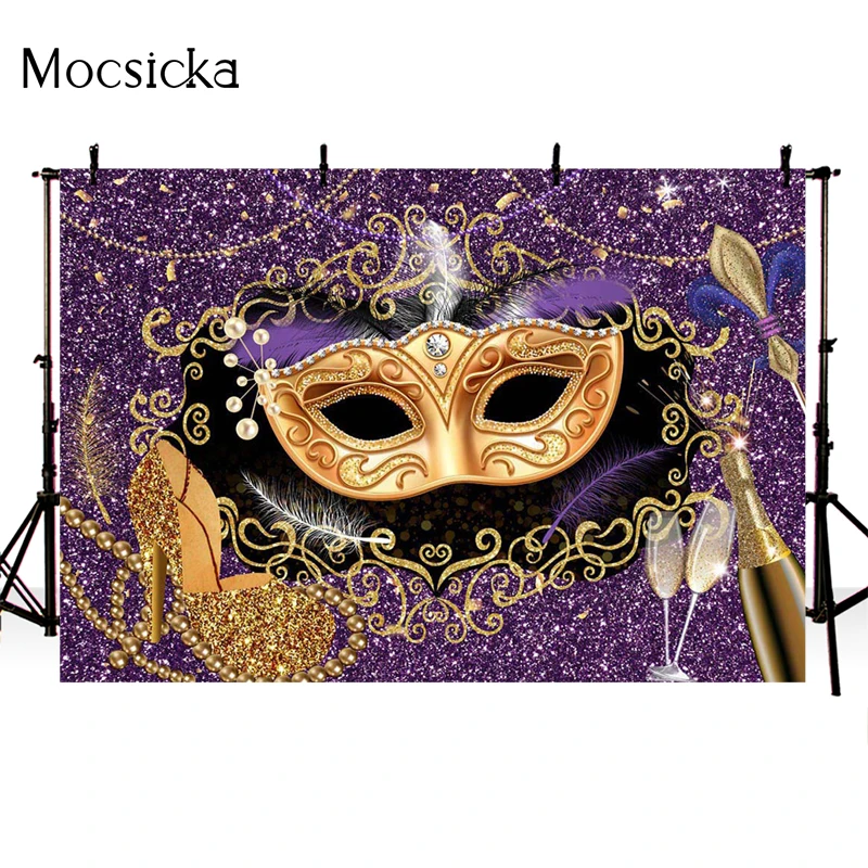 Mocsicka Masquerade Backdrop Gold Feather Diamond Mask Photography Background Luxury Vintage Pattern Custom Background for Photo