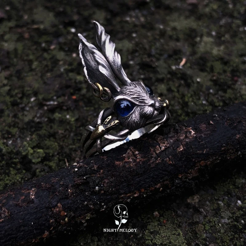 Fantasy Fairy Tale Blue Eyes Bunny Ring Cute Big Ears Rabbit Women Ring Retro Silver Color Men Ring Fashion Jewelry Gift