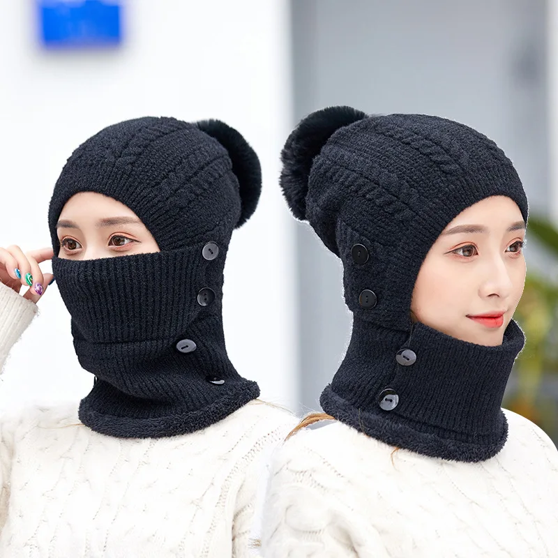 K251 Winter Hat Women\'s hat One-Piece Warm Hat Knitted Bib Bubble Hat Thick Wool Hat Cold Hat Hat With Earmuffs Baotou Cap