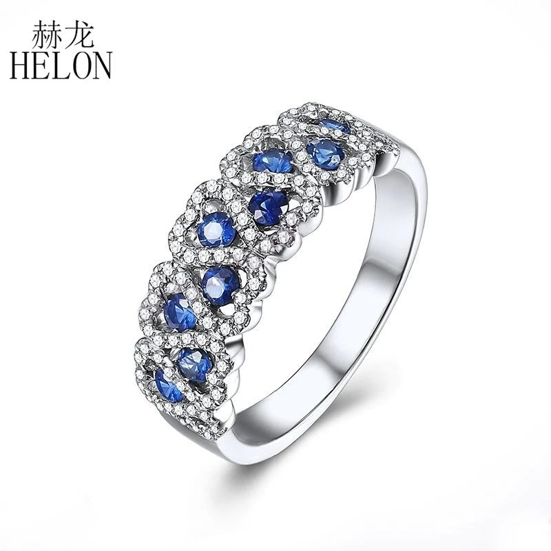 HELON 0.95CT Genuine Sapphires Ring Solid 18k White Gold Natural Diamonds Engagement Ring Women Gemstone Fine Jewely Ring Gift