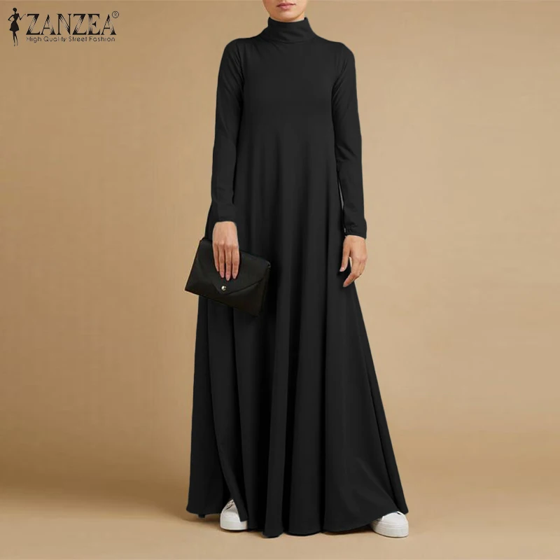 

ZANZEA Women Autumn Fashion Maxi Long Dress Elegant Solid Casual Sundress Robe Turtleneck Long Sleeve Kaftan Party Vestidos