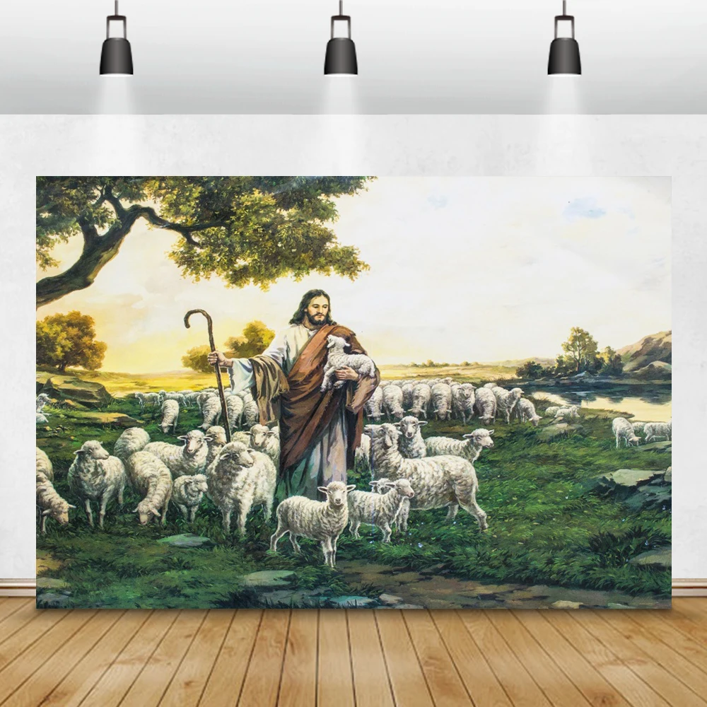 Laeacco Jesus Christ Photo Background Shepherd Lambs Nativity Celebration Grassland Stream Photography Backdrop Photozone Studio