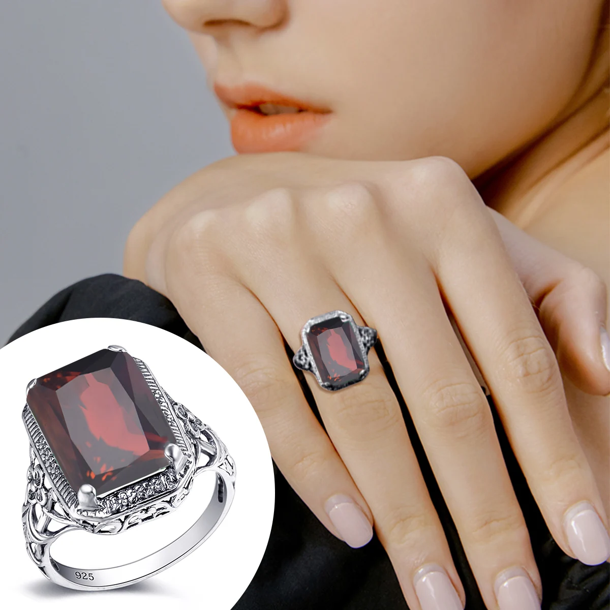 Szjinao Handmade Fashion Luxury Wedding Rings 925 Sterling Silver Gorgeous Garnet Rings For Women Vintage Jewelry Wholesale