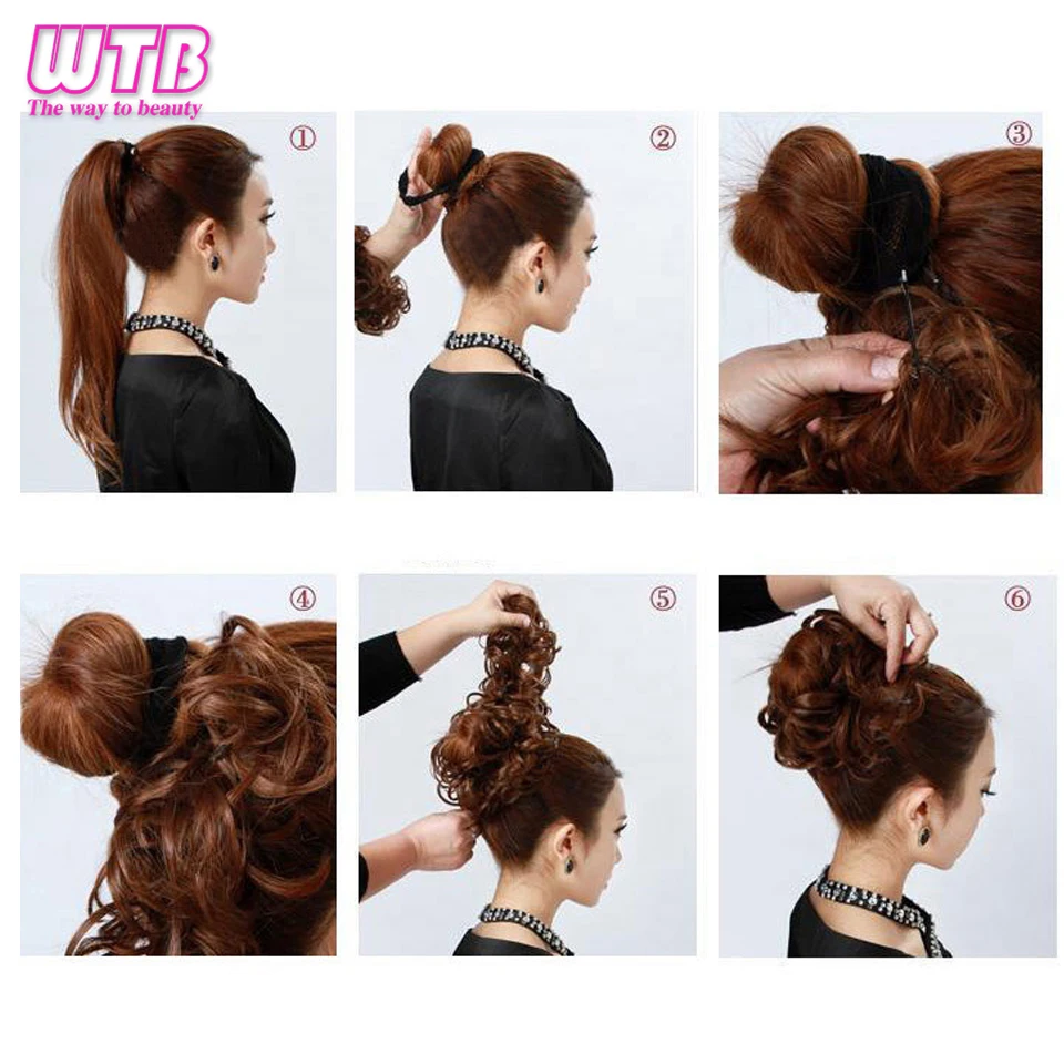 WTB Synthetic Women Curly Chignon Messy Scrunchies Elastic Band Bun Clip on Hair Ponytail Black Brown Natural Fake Hairpiece