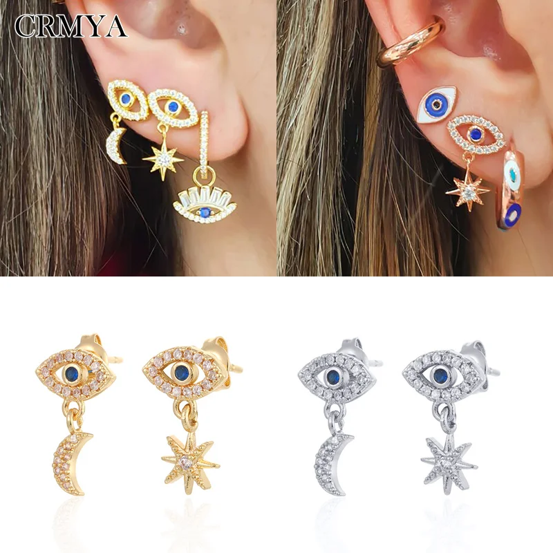 CRMYA Silver Gold Filled Evil Eye Drop Earings CZ Zircon Moon Star Stud Earrings For Women Jewelry Piercing Ear Rings Wholesale