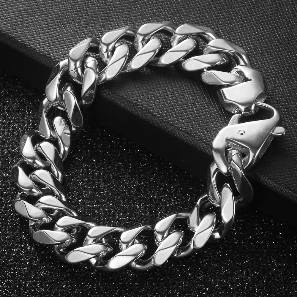 Fashion Matte Polished 316L Stainless Steel Bracelet For Men Boy Cut Curb Cuban Link Chain Male Hip Hop Jewelry Gift 15mm HBM109