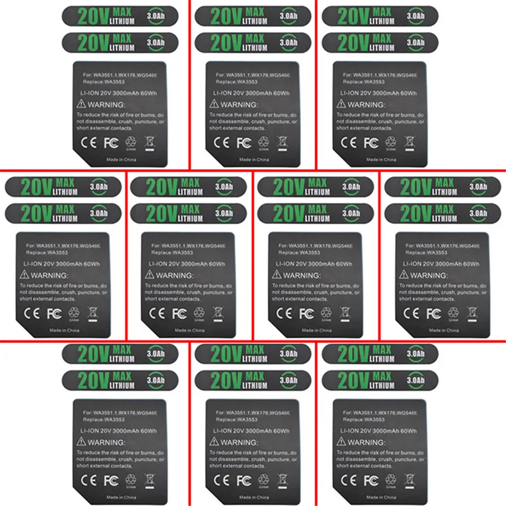 

10Pcs/set WA3551.1 20V 3.0Ah Lithium Battery Label DIY Battery Sticks for Worx WA3551 WA3572 Battery Accessories Parts