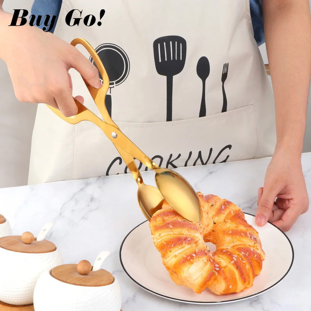 1/2PCS Food ServingTongs Stainless Steel Kitchen Scissor Buffet Utensils Meat Salad Bread Clamp Gold BBQ Dessert Clip Cooking