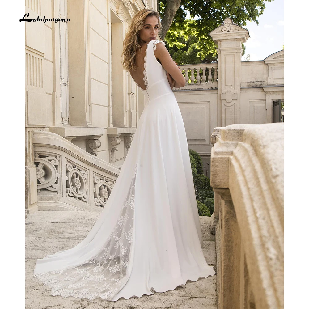 Praia profunda V Neck Lace cetim vestidos de casamento, sem encosto, elegante, linha, praia, verão, 2023