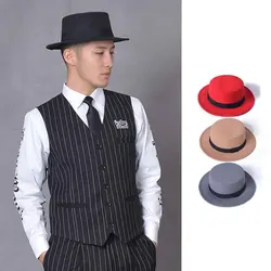 Men's Fashion Artificial Wool Boater Flat Top Hat For Women Winter Felt Fedora Hat Church Derby Party Hat With Black Ribbon Belt