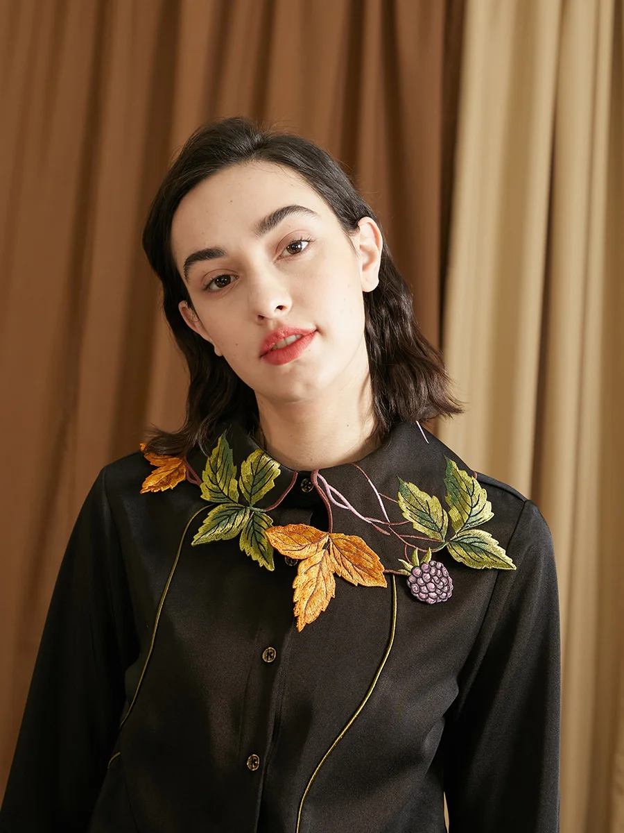 Leaf Berry Shaped Embroidered Shirt for Women, Original Design, Spring and Autumn