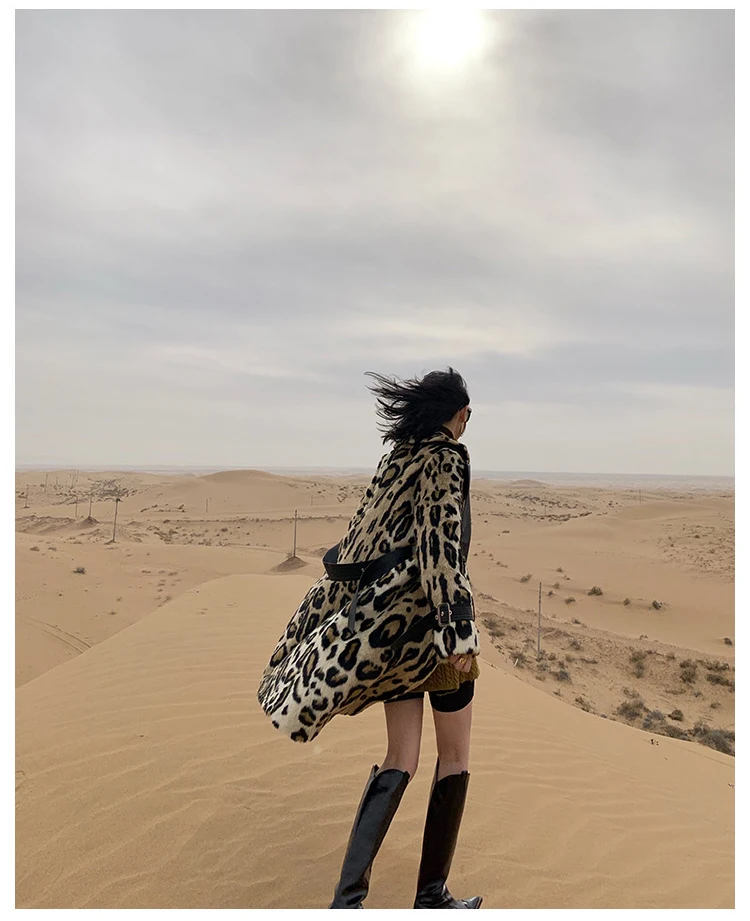 Lautaro Winter Long Leopard Print Warm Fluffy Faux Fur Trench Coat for Women Long Sleeve Double Breasted European Fashion 2021