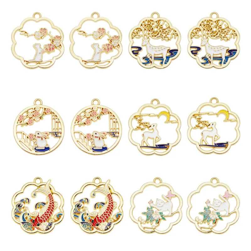 Julie Wang 4/6PCS Enamel Animal Charms Alloy Hollow Round Cat Deer Koi Rabbit Flower Pendant Bracelet Jewelry Making Accessory