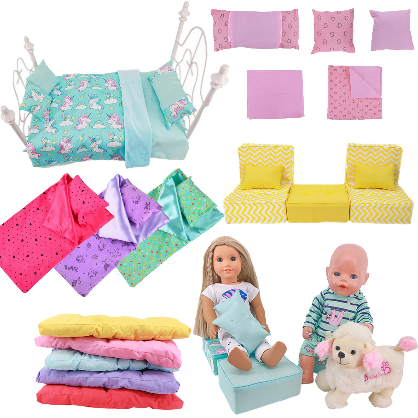 Doll-Accessories 5Pcs Unicorn Bedding Sleeping Bag Sofa For 18Inch American&43cm Born Baby Girl Doll House Decoration(No Bed)