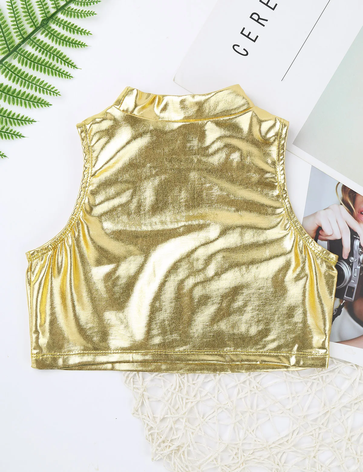 Kids Girls Ballet Dance Tops Sleeveless Shiny Metallic Turtleneck Tank Crop Top Vest Jazz Dance Performance Workout Costume