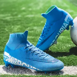 Chaussures de football coordonnantes à rinçage élevé pour hommes, chaussures de football en plein air, chaussures d'entraînement de sport, chaussures respirantes, bleu, FG, TF, offre spéciale