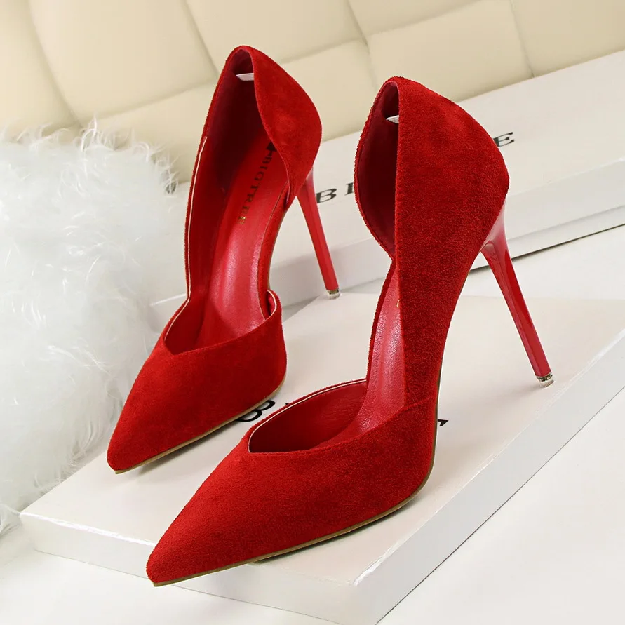 BIGTREE Shoes Women Sexy Side Cut-Outs Shallow Pumps Spring Solid Flock Dress Wedding Pointy Toe Female High Heels Shoe Red Gray