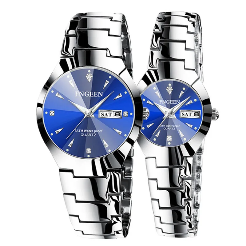 FNGEEN-Reloj de pulsera de acero inoxidable para hombre y mujer, accesorio de pulsera de cuarzo resistente al agua con diseño navideño para parejas