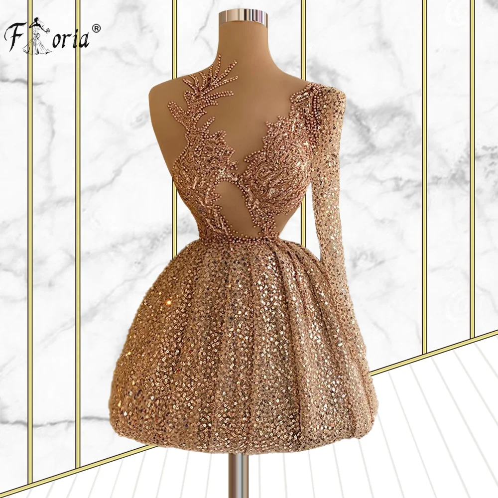 Vestidos De Fiesta Champagne Een Schouder Prom Jurk Korte Dubai Beaed Party Jurk Midden-oosten Pageant Avondjurk Homecoming