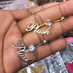 DOREMI-anillo de acero inoxidable con nombre personalizado para mujer, joyería corporal personalizada, anillo de circón para el vientre, regalo de Color dorado